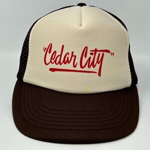Vintage 80s Cedar City Utah Trucker Hat Baseball Cap 5 Panel Mesh Snapback Brown